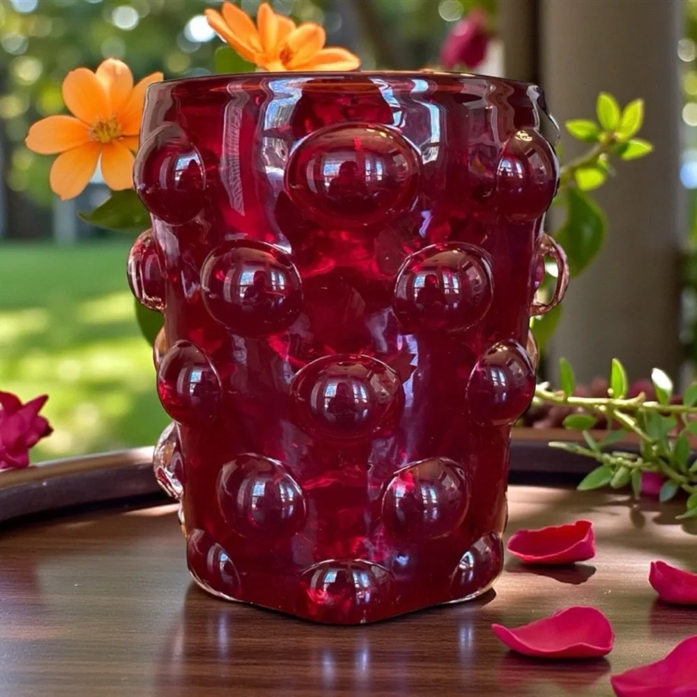 MCM Vintage Bischoff Ruby Red Bubble Glass Vase Hobnail 4.5